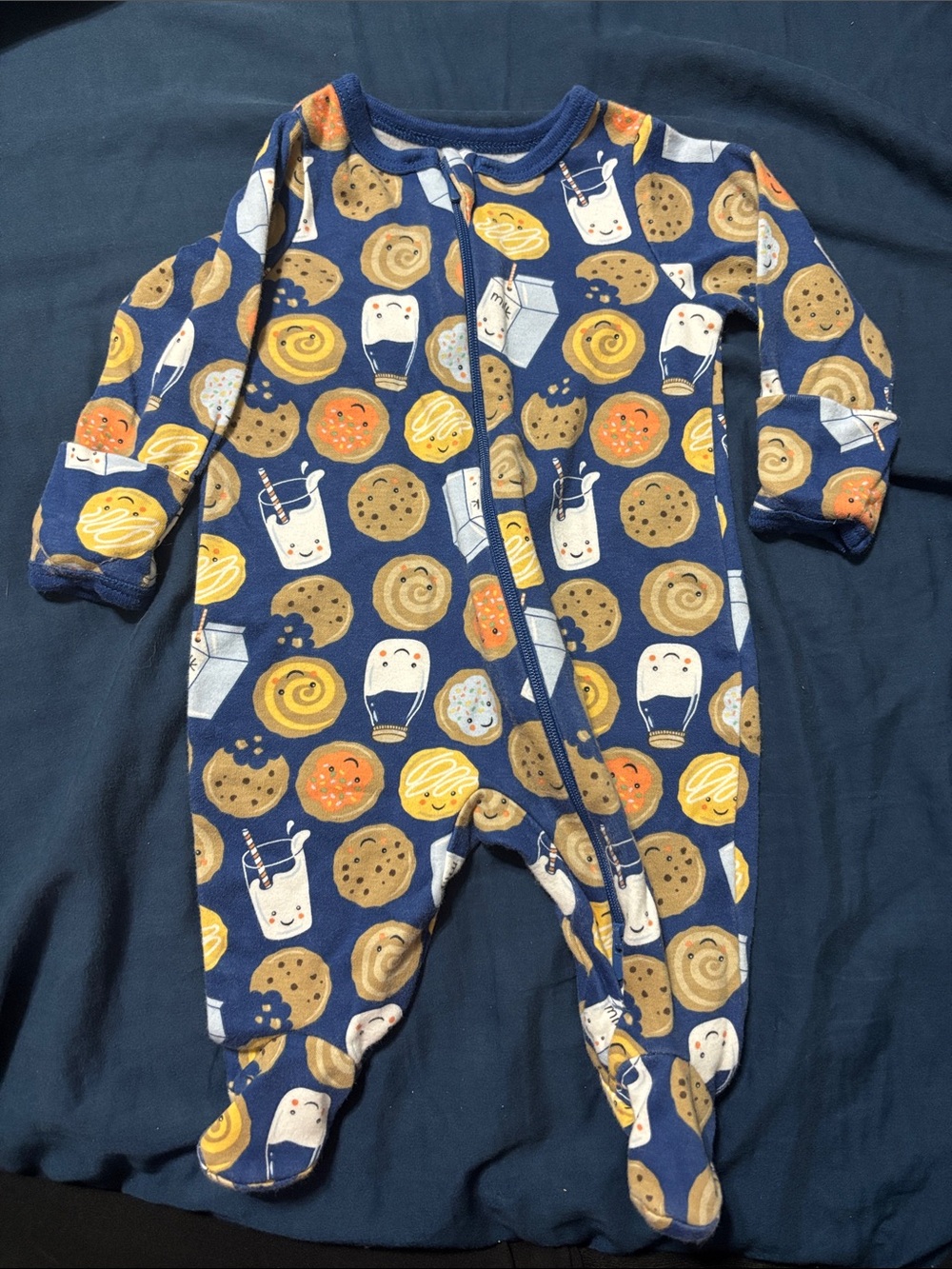 Baby Navy Blue Cookie & Milk Print One-Piece Footed Pajamas